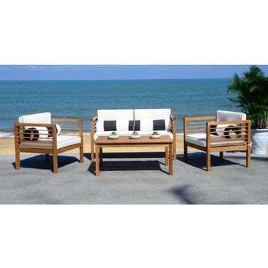 Alda Teak, Black and White 4-Piece Outdoor Set with Accent Pillows