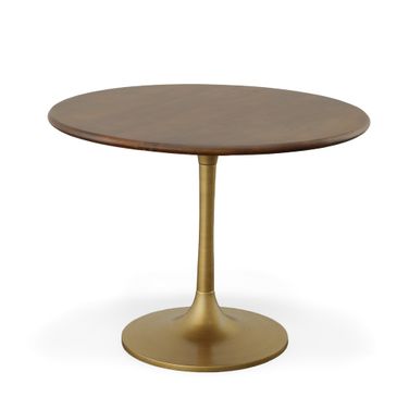 Alden Wood Top 36 Inch Round Dining Table In Elm Top and Antique Gold Base
