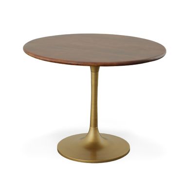 Alden Wood Top 40 Inch Round Dining Table In Elm Top and Antique Gold Base