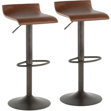 Ale Industrial Barstool In Antique Metal And Brown Faux Leather - Set Of 2