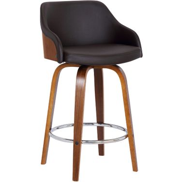 Alec 30 Inch Bar Height Swivel Brown Faux Leather and Walnut Wood Barstool