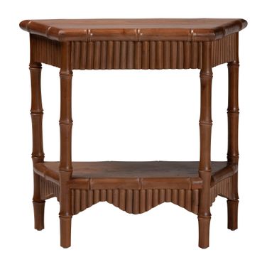 Alessa Mahogany Wood 32 Inch Fluted Wood Console Table with Bamboo Motif and Two-Tier Display In Mahogany Brown