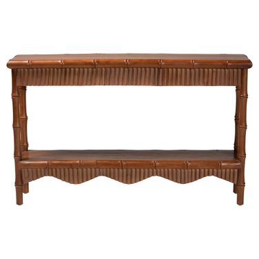 Alessa Mahogany Wood 54 Inch Fluted Wood Console Table with Bamboo Motif and Two-Tier Display In Mahogany Brown