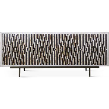 Alexandria 72 Inch Sideboard with Bone, Horn, Wood Inlay On Metal Base In Black and White