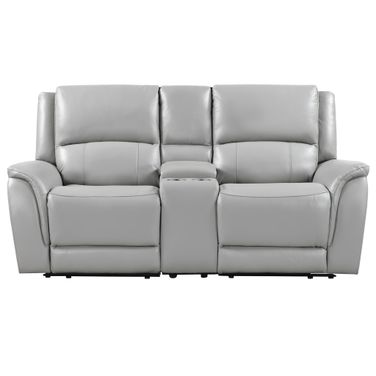 Alexandria Leather Power Reclining Console Loveseat In Gray