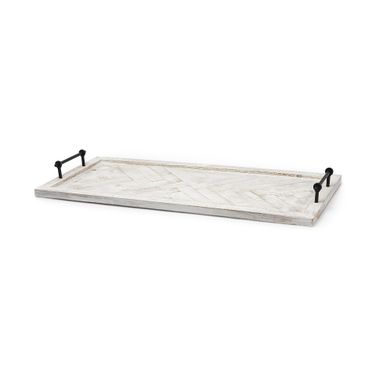 Alfred 35 x 16 Inch Natural Wooden Herringbone Rectangular Tray In White Wash