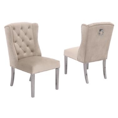Ali Double Tufted Side Chairs Set of 2 In Cream Velvet and Silver Stainless Steel Legs