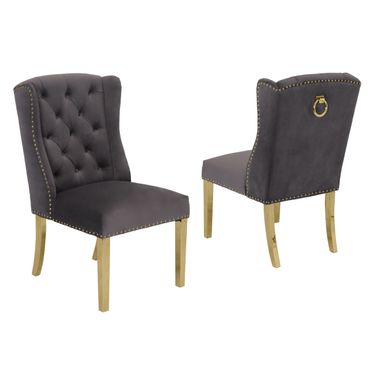 Ali Double Tufted Side Chairs Set of 2 In Gray Velvet and Gold Stainless Steel Legs