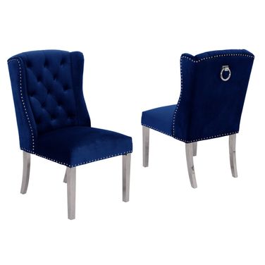 Ali Double Tufted Side Chairs Set of 2 In Navy Blue Velvet and Silver Stainless Steel Legs