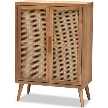Alina Mid-Century Modern Medium Oak Finished Wood And Rattan 2-Door Accent Storage Cabinet
