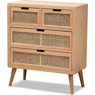 Alina Mid-Century Modern Medium Oak Finished Wood And Rattan 4-Drawer Accent Chest
