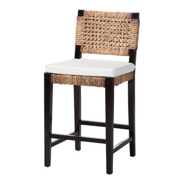 Alise Wood and Seagrass Counter Stool In Dark Brown and Natural