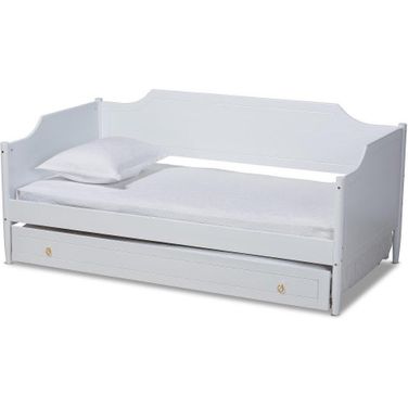 Alya Classic Traditional Farmhouse White Finished Wood Twin Size Daybed with Roll-Out Trundle Bed