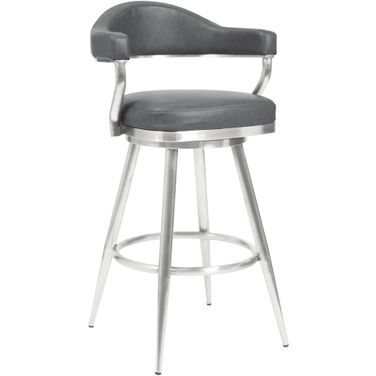 Amador 26 Inch Counter Height Barstool In Brushed Stainless Steel and Vintage Gray Faux Leather