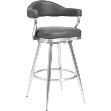 Amador 30 Inch Bar Height Barstool In Brushed Stainless Steel and Vintage Gray Faux Leather