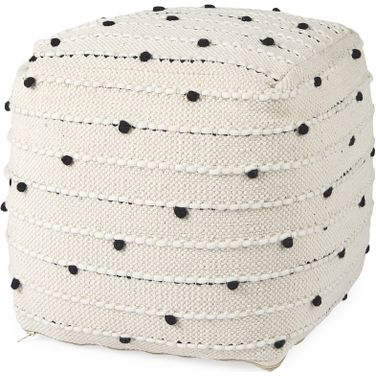 Amaira Wool and Cotton Pouf In Cream,Black and White Patterned