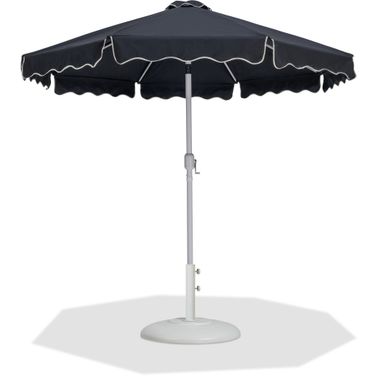 Amalfi Cream Piping Aluminum Patio Umbrella with Base Sets In Matte White and Black Fabric