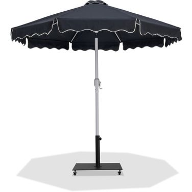 Amalfi Cream Piping Aluminum Patio Umbrella with Base Sets In Black Fabric and Matte White