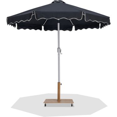Amalfi Cream Piping Aluminum Patio Umbrella with Base Sets In Black Fabric and Matte White