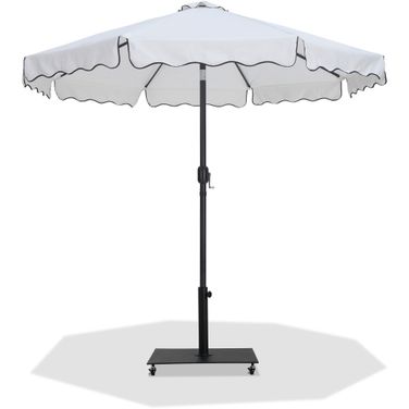 Amalfi Black Piping Aluminum Patio Umbrella with Base Sets In White Fabric and Matte Black