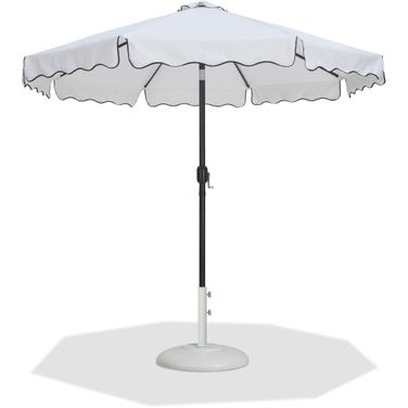 Amalfi Black Piping Aluminum Patio Umbrella with Base Sets In White Fabric and Matte Black