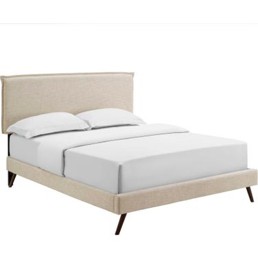 Amaris Beige Queen Fabric Platform Bed with Round Splayed Legs