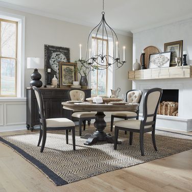 Americana Farmhouse Wire Brushed Dusty Taupe Single Pedestal Dining Room Set