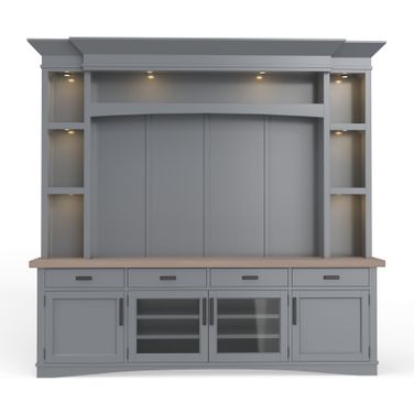 Americana Modern 92 Inch TV Console with Hutch Back Panel and Led Lights In Dove and Weathered Natural