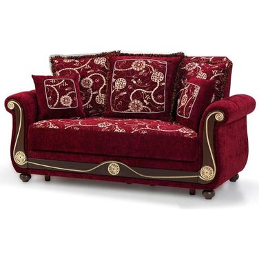 Americana Upholstered Convertible Loveseat with Storage In Burgundy