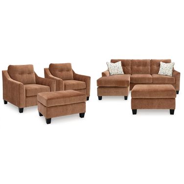 Amity Bay Sofa Chaise Sleeper with Chairs and Ottomans In Clay