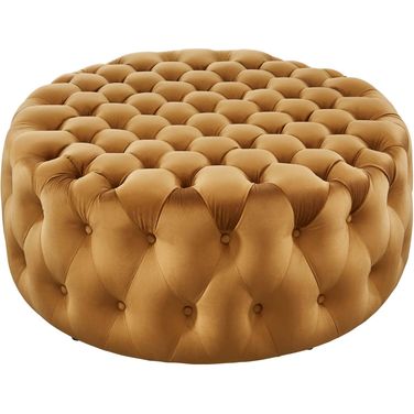 Amour Tufted Button Large Round Performance Velvet Ottoman In Cognac