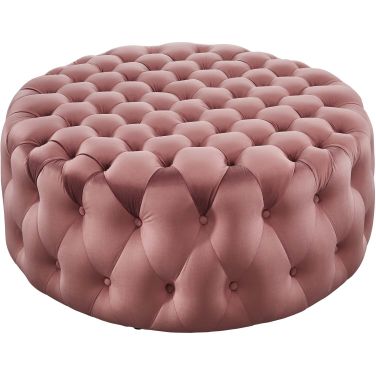 Amour Tufted Button Large Round Performance Velvet Ottoman In Dusty Rose