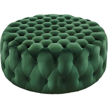 Amour Tufted Button Large Round Performance Velvet Ottoman In Emerald