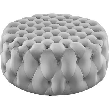 Amour Tufted Button Large Round Performance Velvet Ottoman In Light Gray