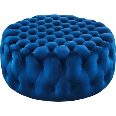 Amour Tufted Button Large Round Performance Velvet Ottoman In Navy