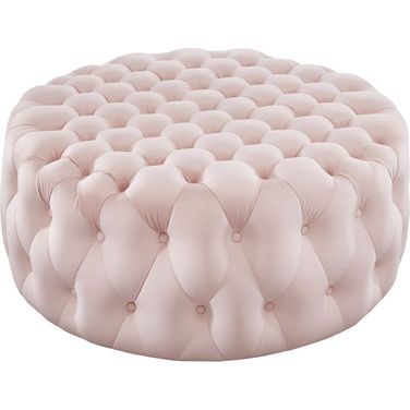 Amour Tufted Button Large Round Performance Velvet Ottoman In Pink