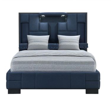 and Upholstered Lighted Queen Bed Frame with USB In Navy Blue