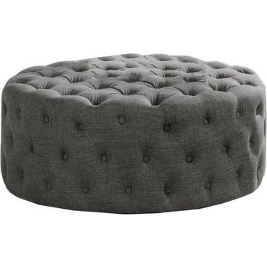 Anderson 40 Inch Round Linen Fabric Ottoman In Gray