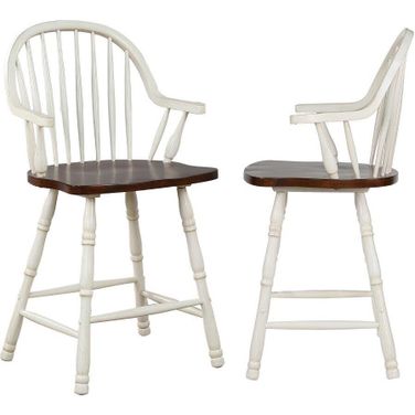 Andrews 24 Inch Counter Height Windsor Antique White Arm Stool Set of 2