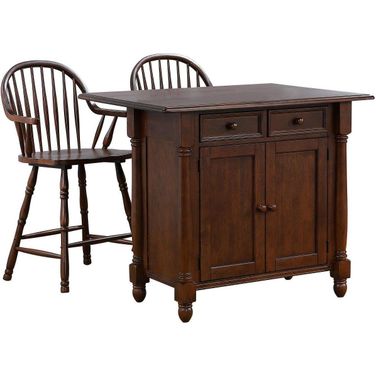 Andrews Drawers and Cabinet Drop Leaf Kitchen Island with Counter Height Stools with Arms In Chestnut Brown