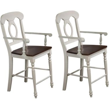 Andrews Napoleon Barstool with Arms Set of 2 In Antique White and Chestnut