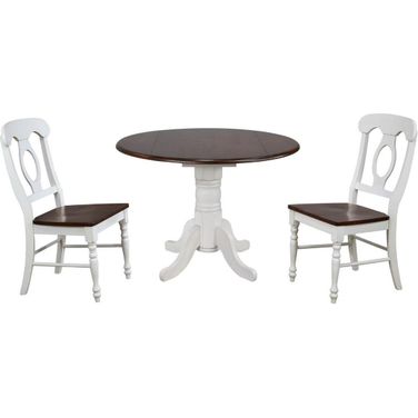 Andrews Napoleon Chairs 3 Piece 42 Inch Round Drop Leaf Dining Set In Antique White and Chestnut
