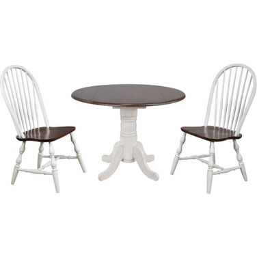 Andrews Spindleback Chairs 3 Piece 42 Inch Round Drop Leaf Dining Set In Antique White and Chestnut