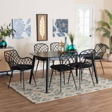 Aniceta Wood and Rattan 7 Piece Dining Set In Black