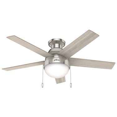 Anslee 46 Inch Low Profile Ceiling Fan with LED Light Kit and Pull Chain In Brushed Nickel and Light Gray Oak