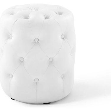 Anthem White Tufted Button Round Faux Leather Ottoman