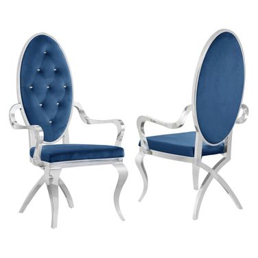 Apurva Classy Tufted Arm Chairs Set of 2 In Navy Blue Velvet and Silver Stainless Steel