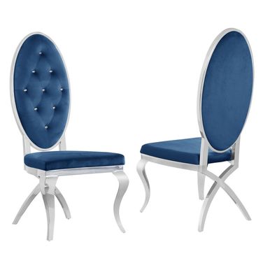 Apurva Classy Tufted Dining Chairs Set of 2 In Navy Blue Velvet and Silver Stainless Steel