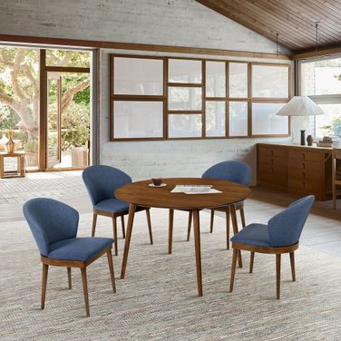 Arcadia and Juno 48 Inch Round Blue and Walnut Wood 5-Piece Dining Set
