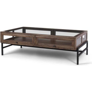 Arelius 42 Inch Rectangular Glass-Top Medium Brown Wood With Black Metal Base Display Coffee Table